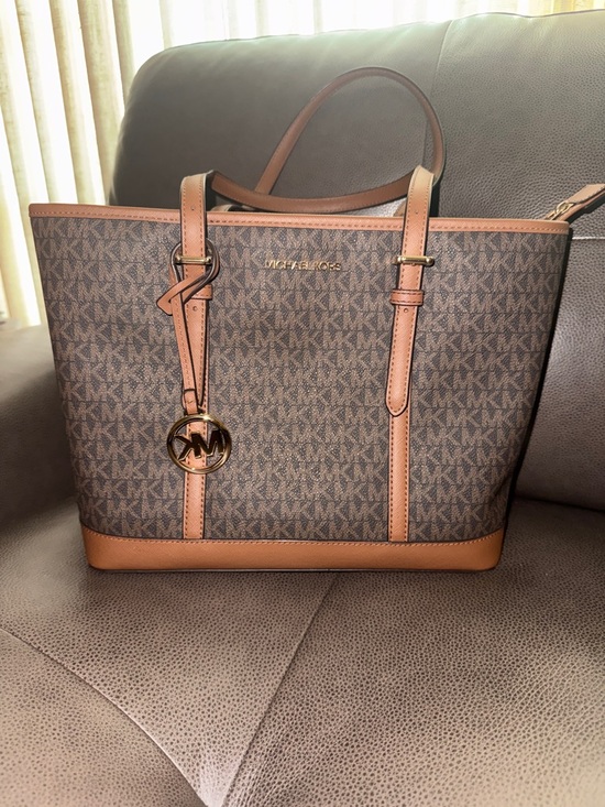 Michael Kors Handbags - Michael Kors Brown Logo-Print Tote with Tan Leather Trim